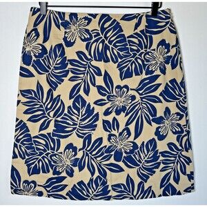 Talbots Skirt Womens 12 Tan Navy Floral Sequins Tropical Aloha Stretch Cotton